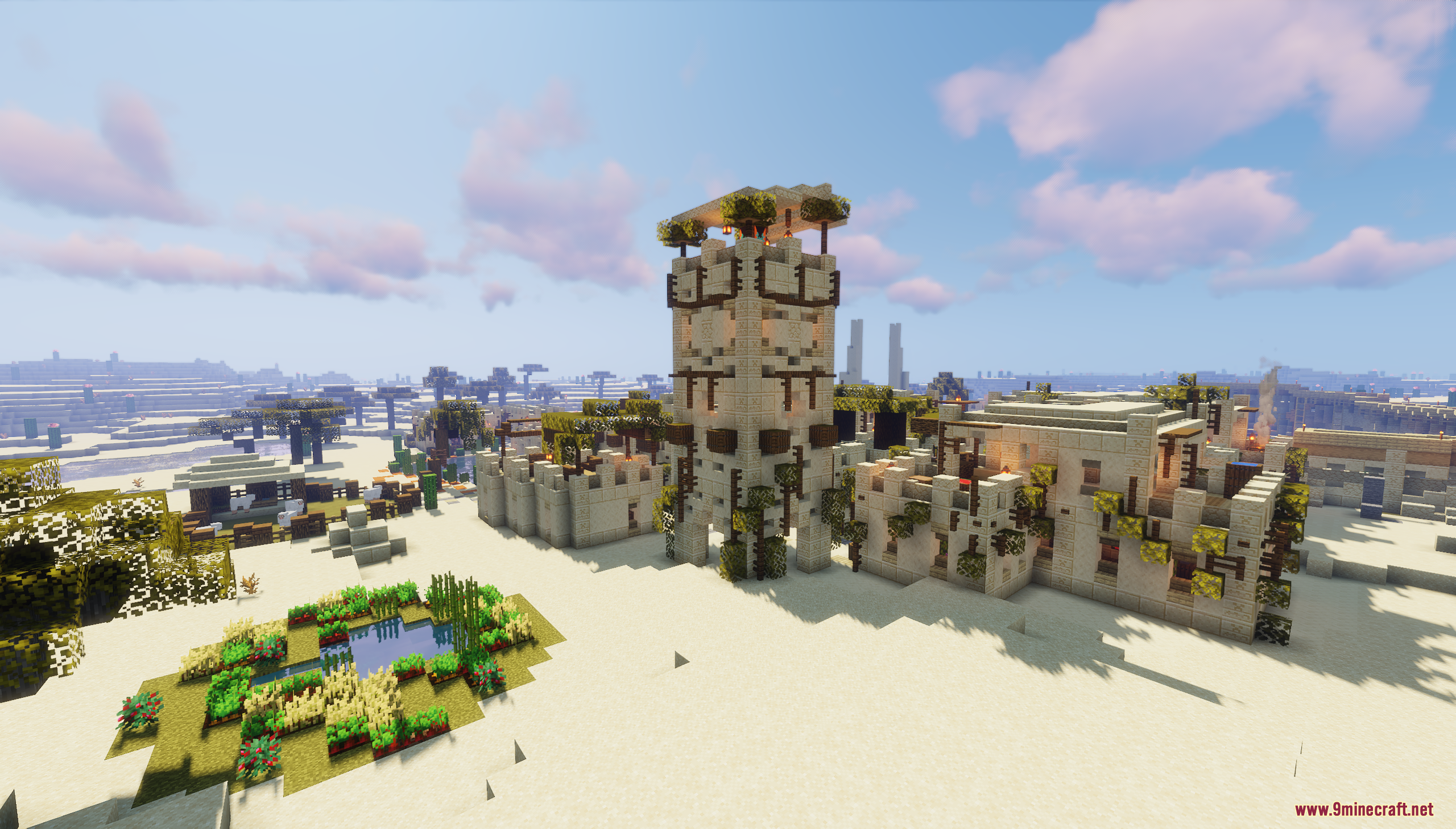 Desert Oasis City Map Screenshot 9 Tall sandstone tower overlooking a desert village with small farms and buildings