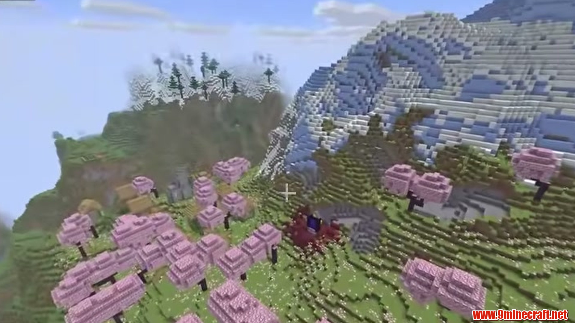 Cherry Village and Mountain Portal in Minecraft seed -1893504358379192633