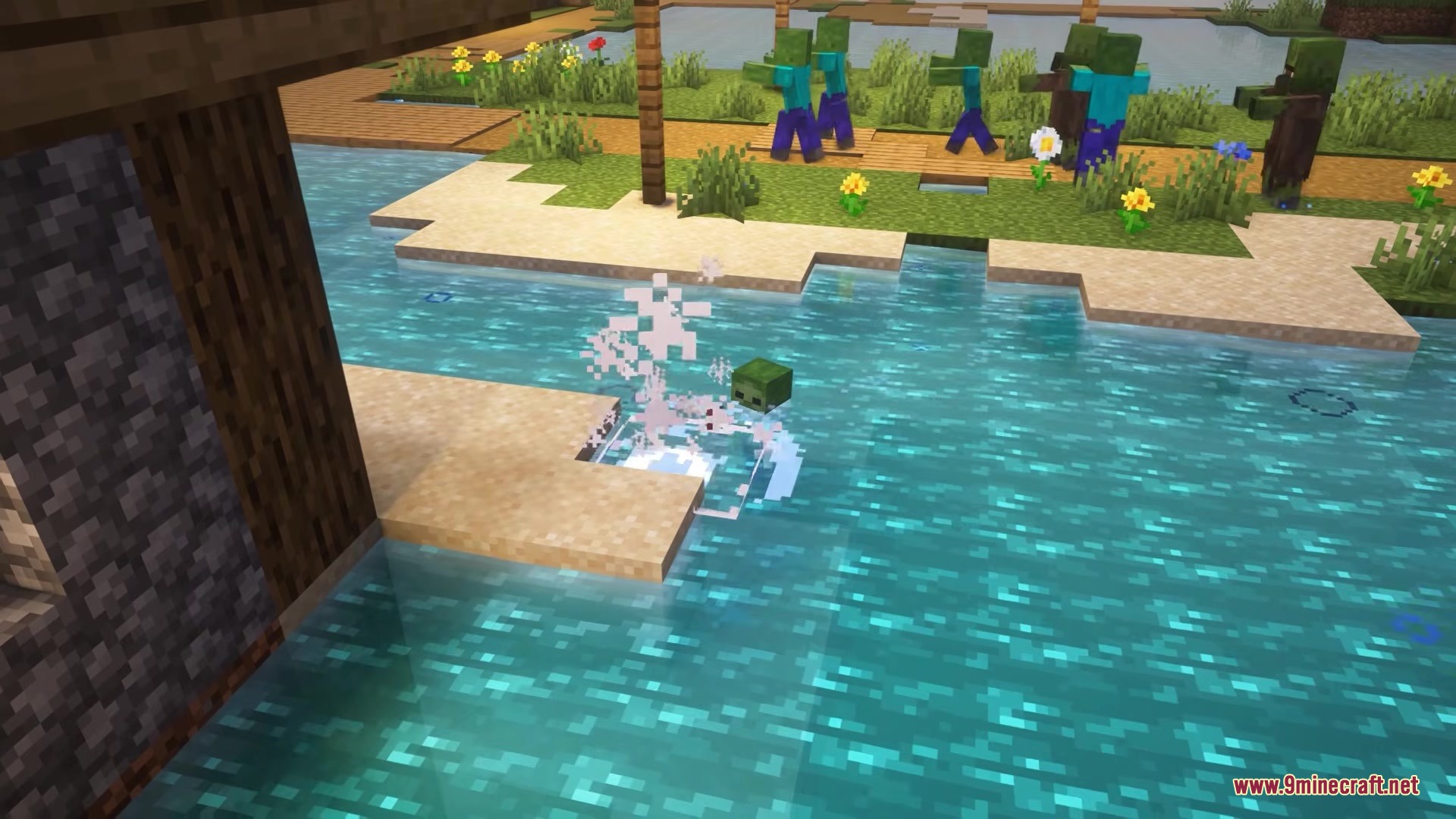A zombie head floating in the water while others walk on the grass