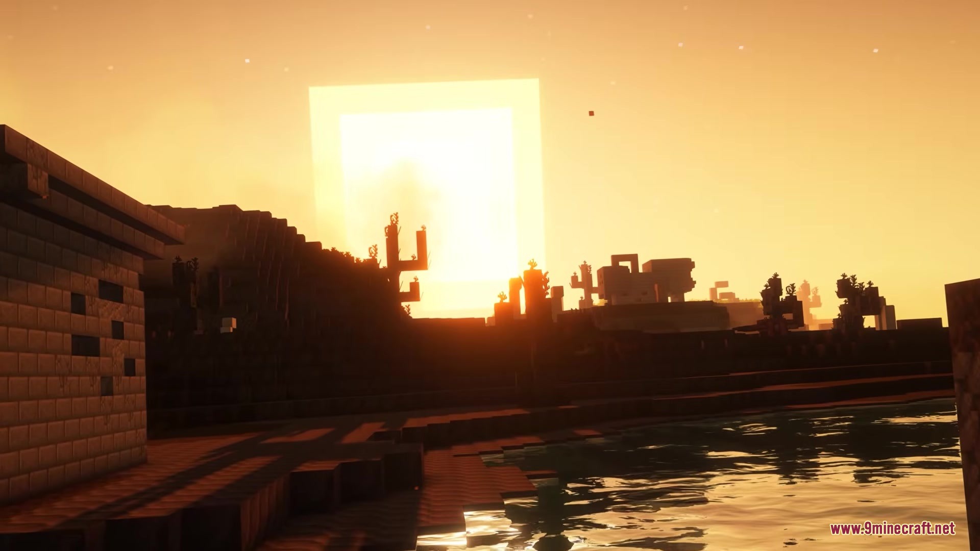 The sun sets over a desolate and radioactive wasteland landscape in Minecraft
