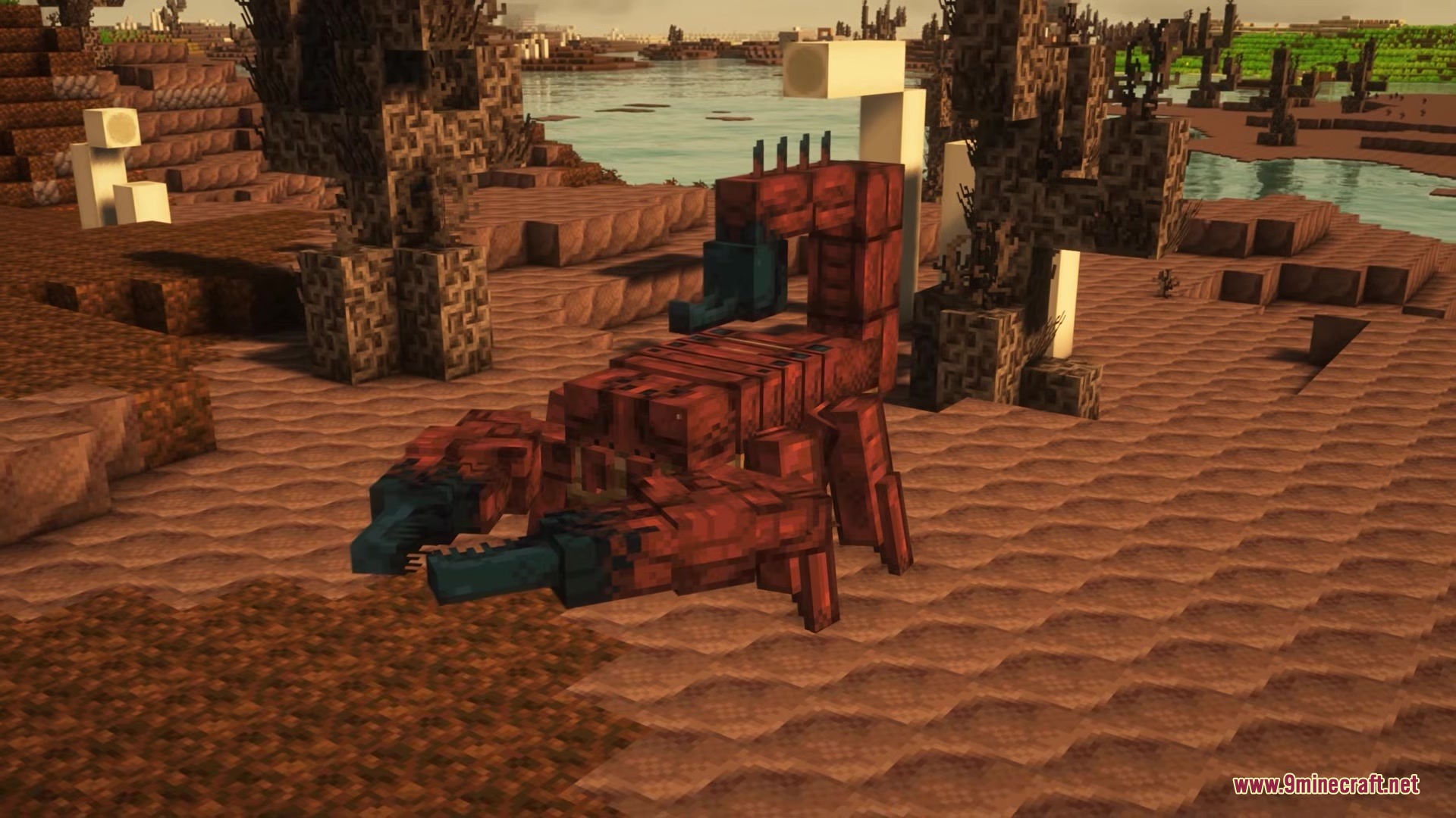 A giant red scorpion stands on the sand in the Desolate Wastes Mod