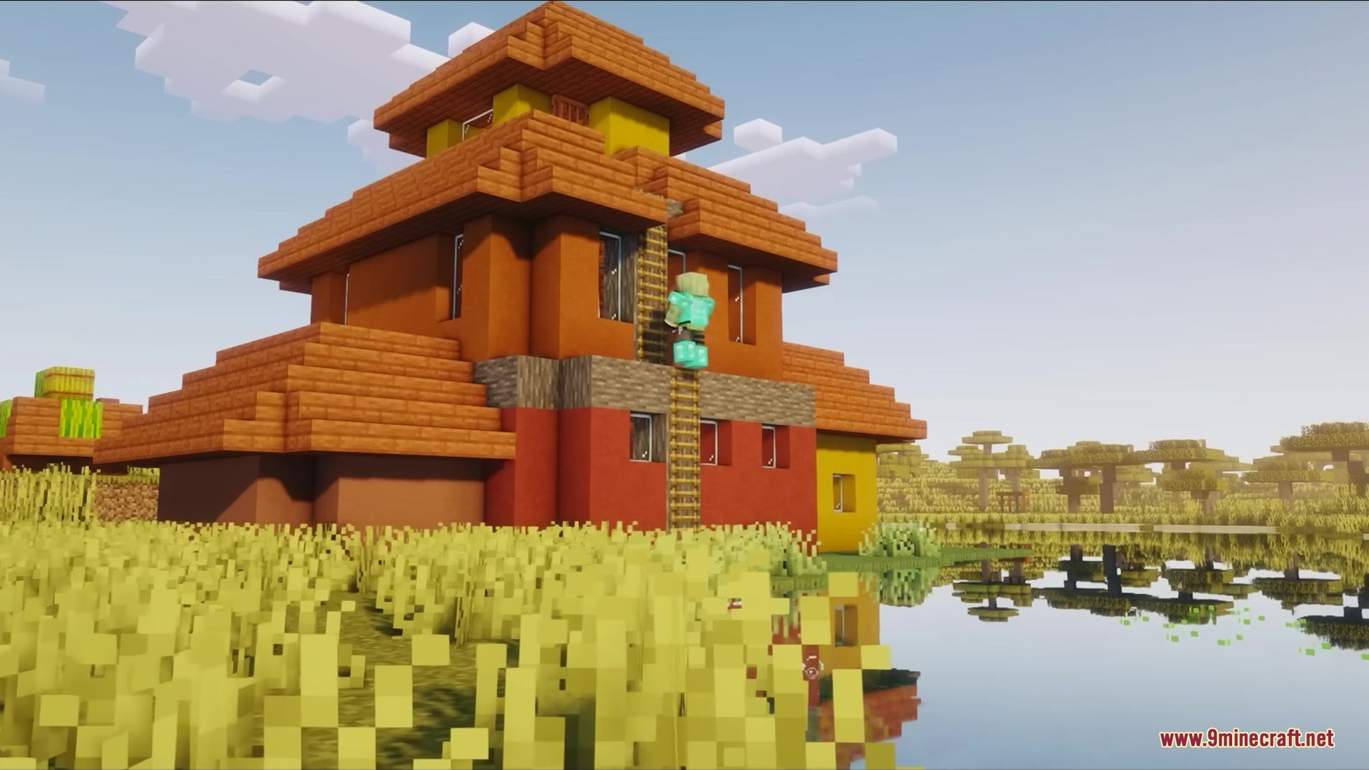 Detailed Animations Tester Resource Pack Screenshot 10 Player in full diamond armor climbing a ladder on a large terracotta house