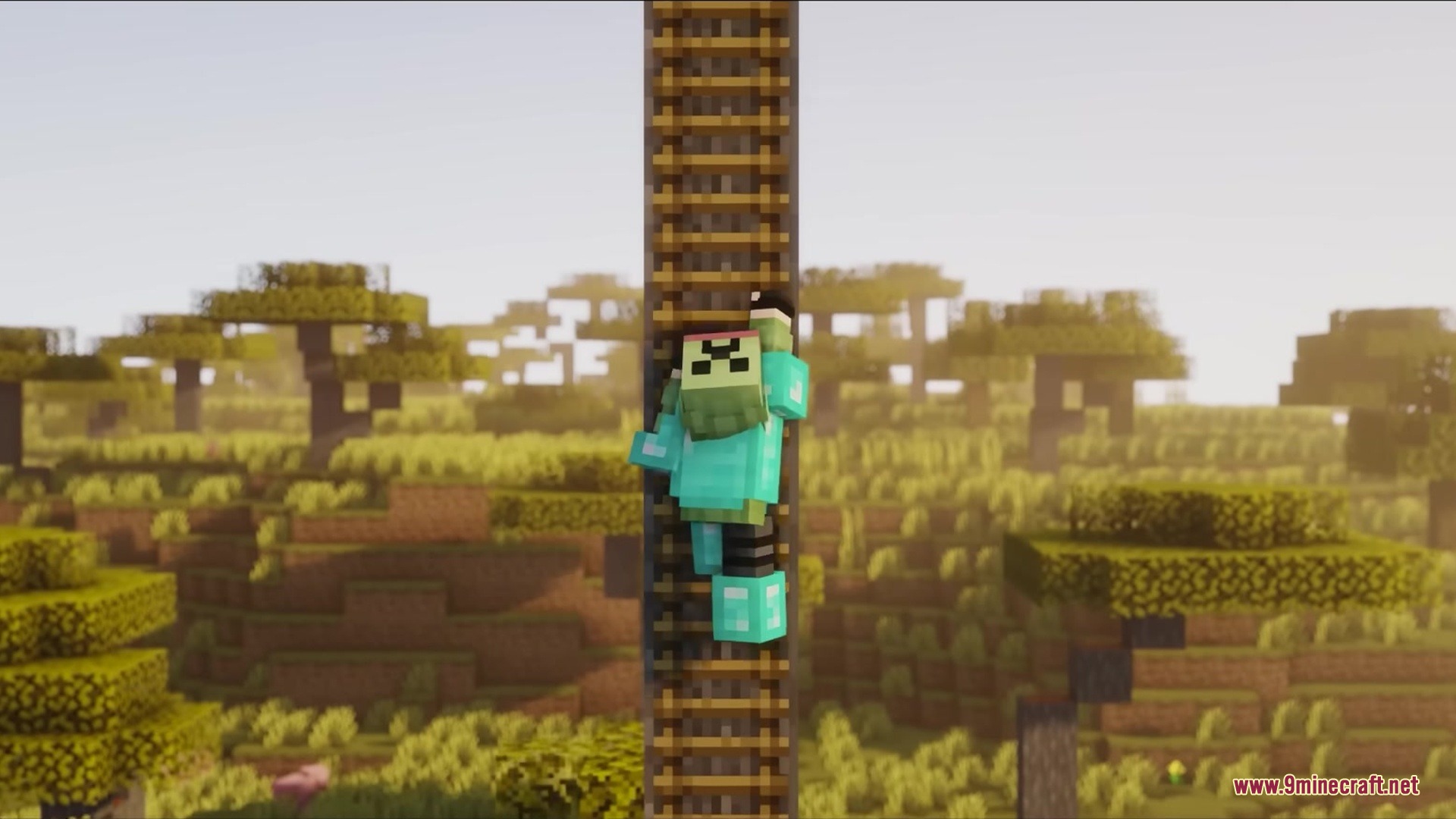 Detailed Animations Tester Resource Pack Screenshot 11 A player character in diamond armor climbs a ladder in a savanna biome