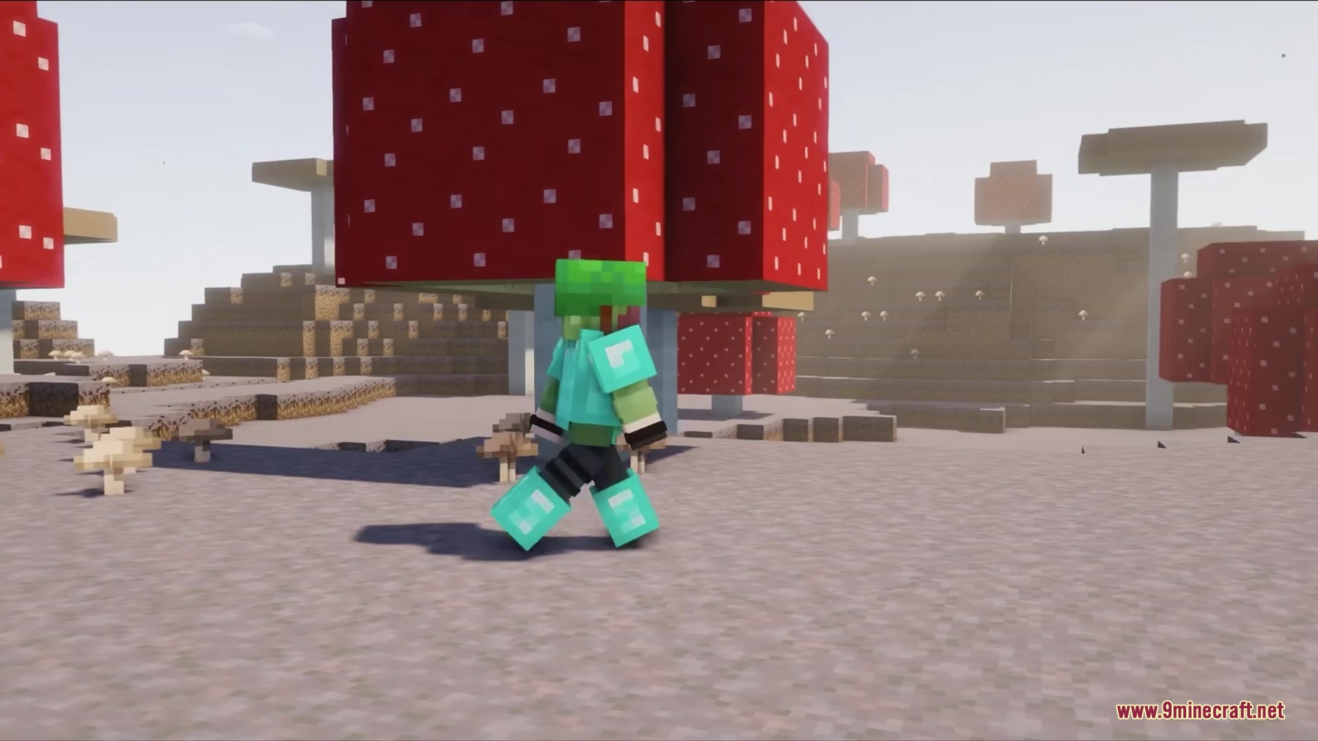 Detailed Animations Tester Resource Pack Screenshot 12 A player character in diamond armor walks through a mushroom island biome