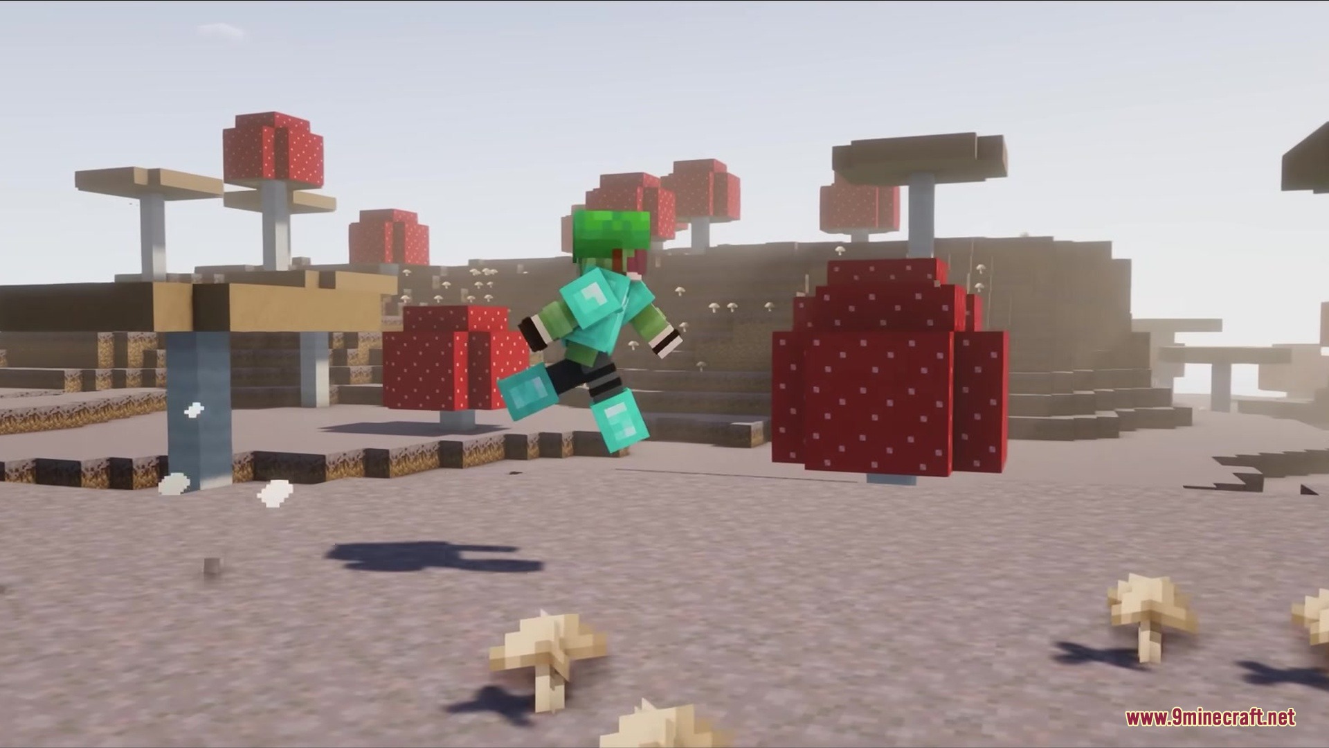 Detailed Animations Tester Resource Pack Screenshot 13 Minecraft player character jumping through a mushroom biome with smooth and organic animations