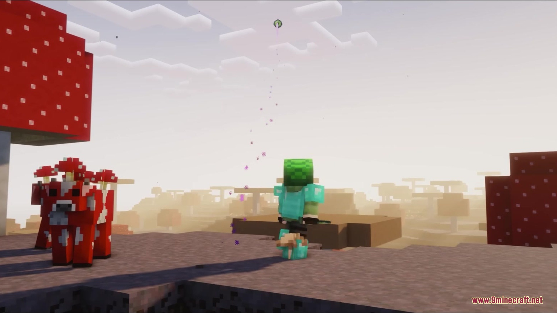 Detailed Animations Tester Resource Pack Screenshot 14 Player throwing an ender pearl into the sky while standing near a mooshroom cow