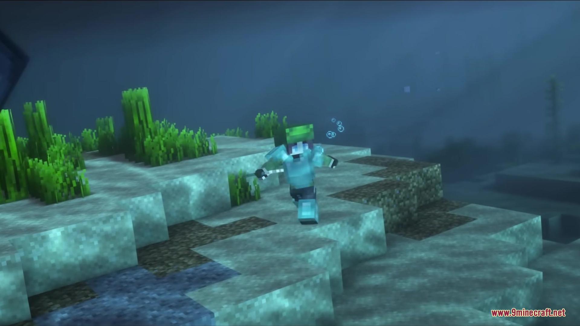 Detailed Animations Tester Resource Pack Screenshot 15 Minecraft character in diamond armor running on the seabed with fluid animations