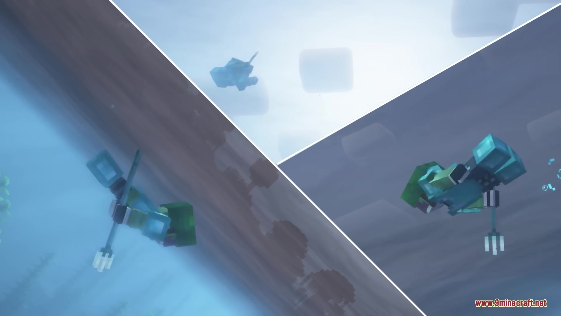 Detailed Animations Tester Resource Pack Screenshot 16 Collage of a player swimming underwater with a trident using smooth movements