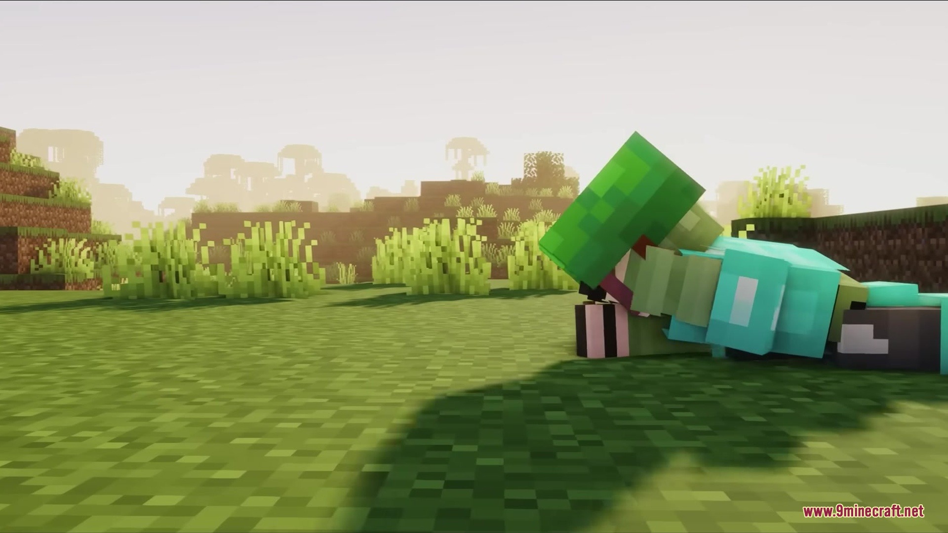 Detailed Animations Tester Resource Pack Screenshot 19 A character in diamond armor crawls through a field using custom player animations