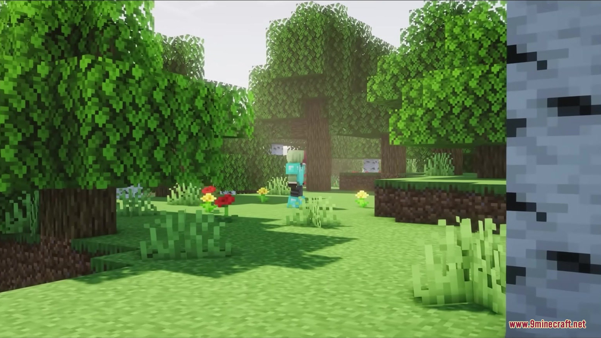 Detailed Animations Tester Resource Pack Screenshot 2 A character in diamond armor walks through a lush forest with flowers and trees