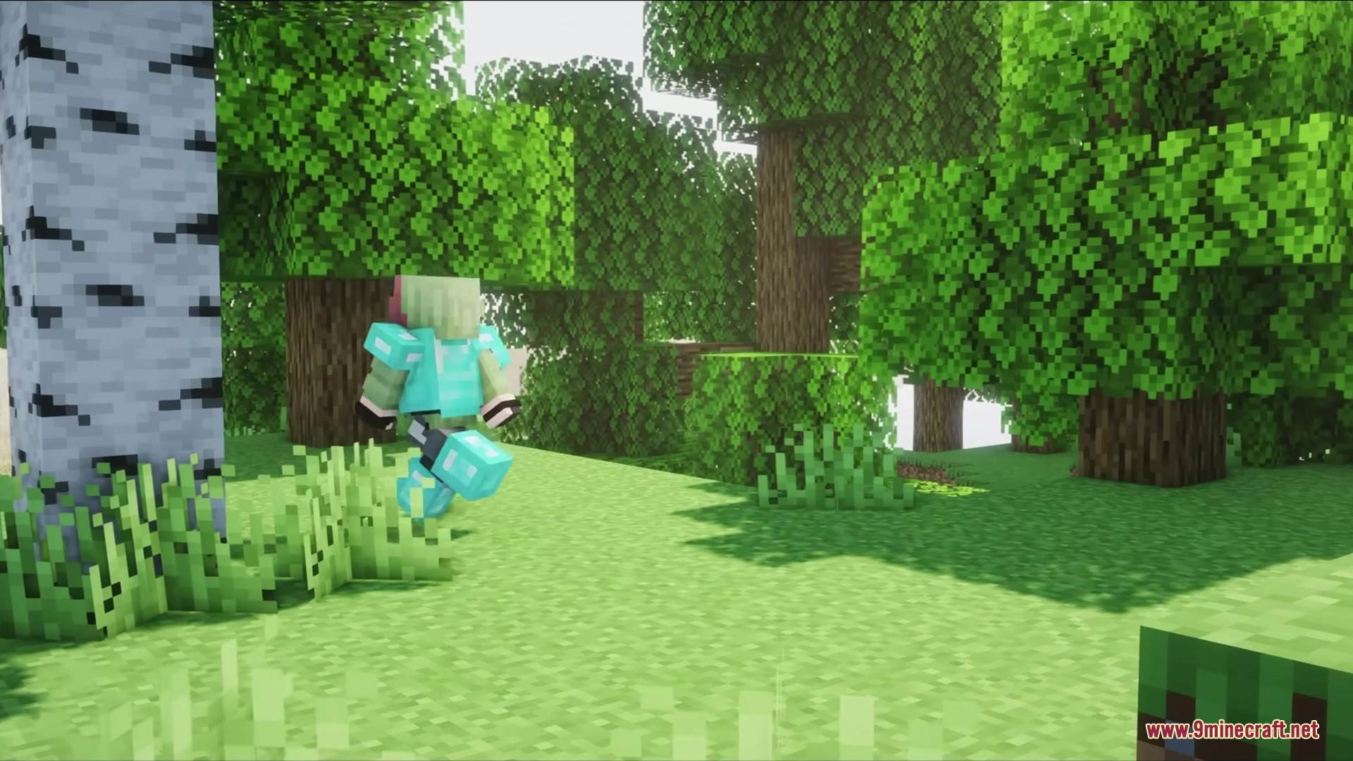 Detailed Animations Tester Resource Pack Screenshot 4 Minecraft character in diamond armor walking through a forest with organic movement animations