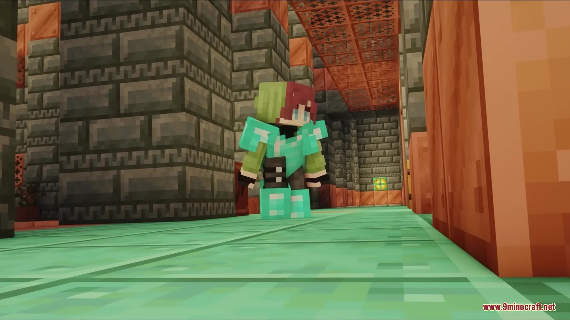 Detailed Animations Tester Resource Pack Screenshot 6 A player in diamond armor showcases a natural standing pose in a hallway