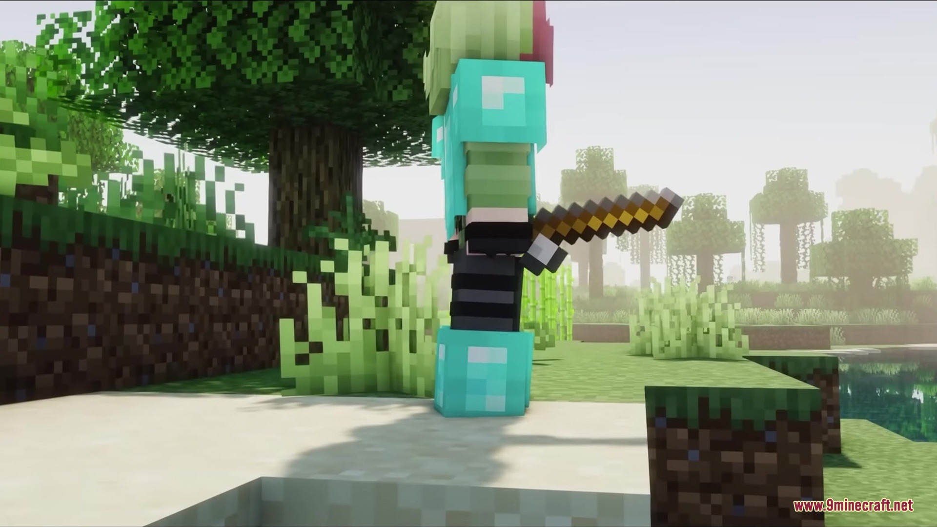 Detailed Animations Tester Resource Pack Screenshot 7 A Minecraft character in diamond armor standing in a forest with realistic animations