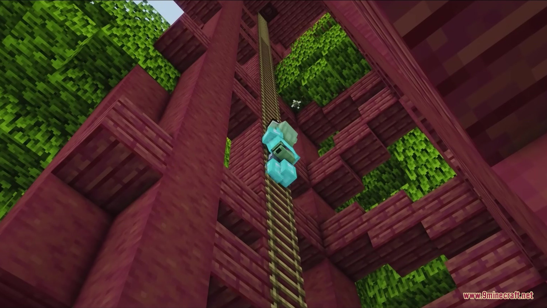 Detailed Animations Tester Resource Pack Screenshot 8 A player in diamond armor climbing a long ladder inside a tall tower