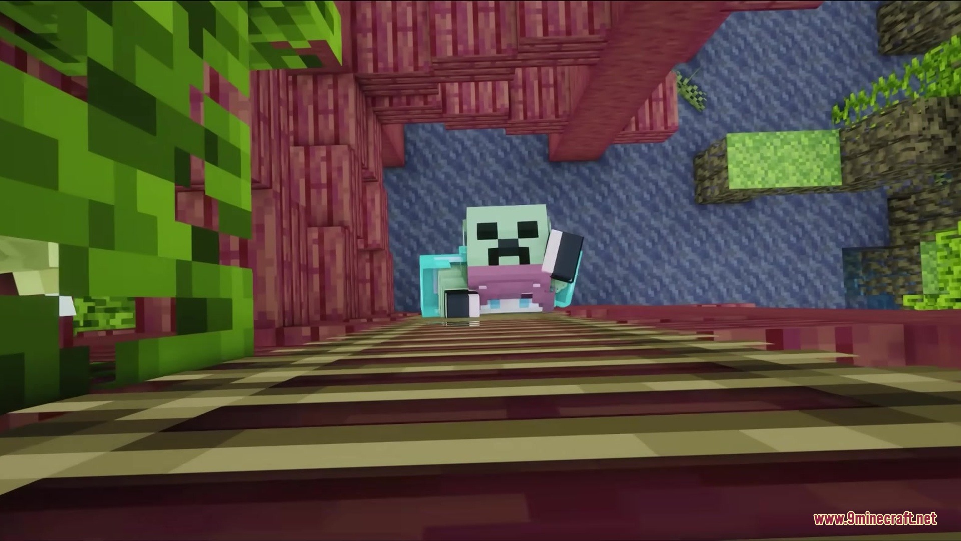 Detailed Animations Tester Resource Pack Screenshot 9 A player with a creeper skin climbing a ladder while holding a black phone