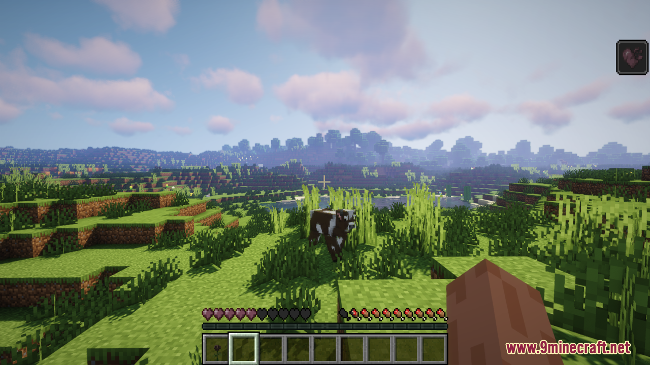 Dev's Better Wither Hearts Resource Pack Screenshot 3 A player looks at a cow in a field with visible wither hearts