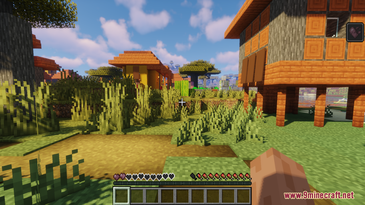 Dev's Better Wither Hearts Resource Pack Screenshot 5 A player standing in a savanna village with visible black wither hearts