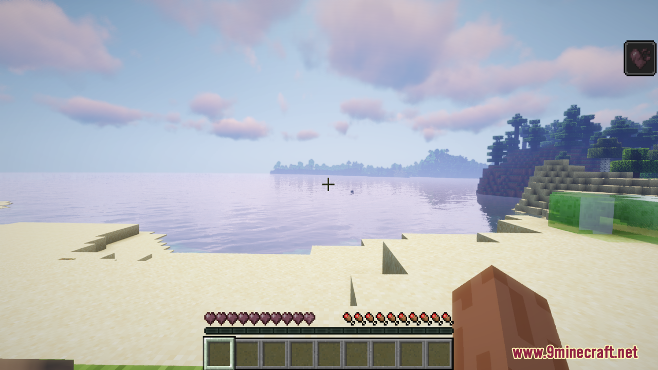 Dev's Better Wither Hearts Resource Pack Screenshot 7 Minecraft player standing on a sandy beach with visible wither heart icons