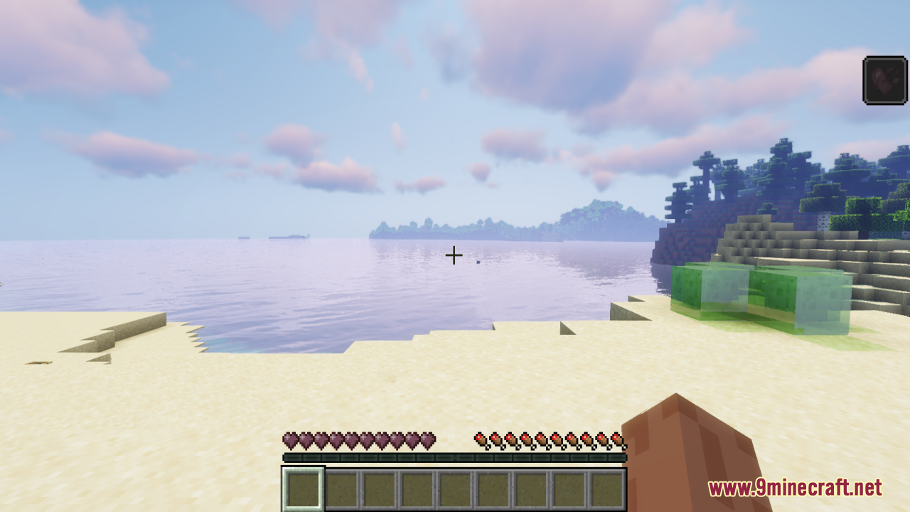 Dev's Better Wither Hearts Resource Pack Screenshot 8 Green slime on a sandy beach with custom wither hearts health bar