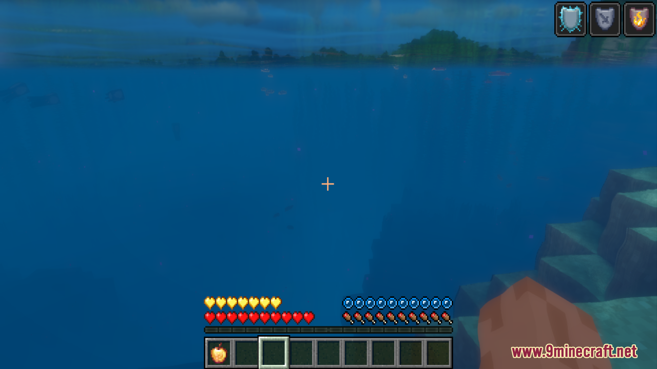 Underwater view in Minecraft showing yellow absorption hearts and standard red hearts