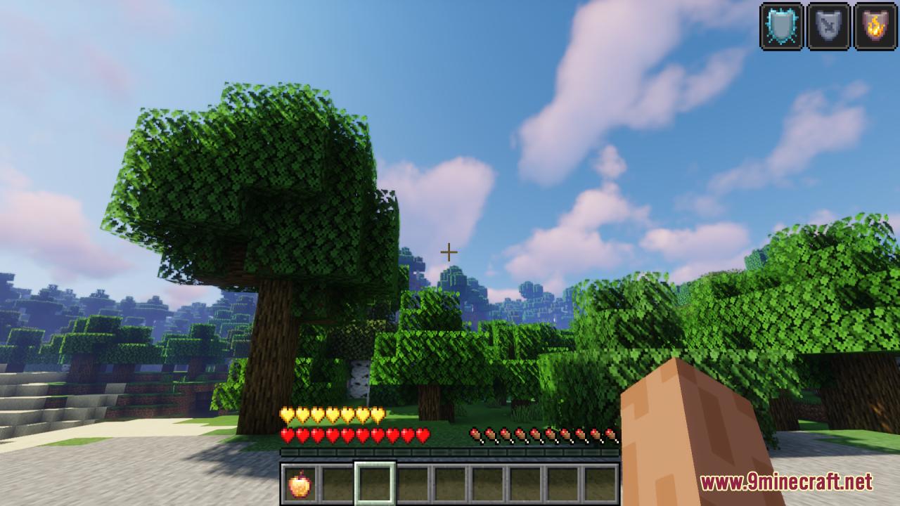 Player holding an enchanted golden apple in a forest with custom heart icons