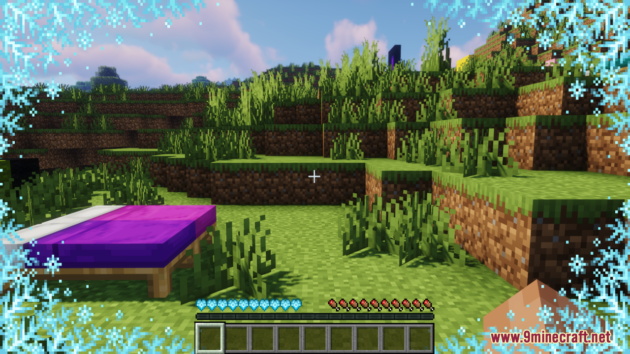 Custom blue snowflake health icons and border are shown near a bed