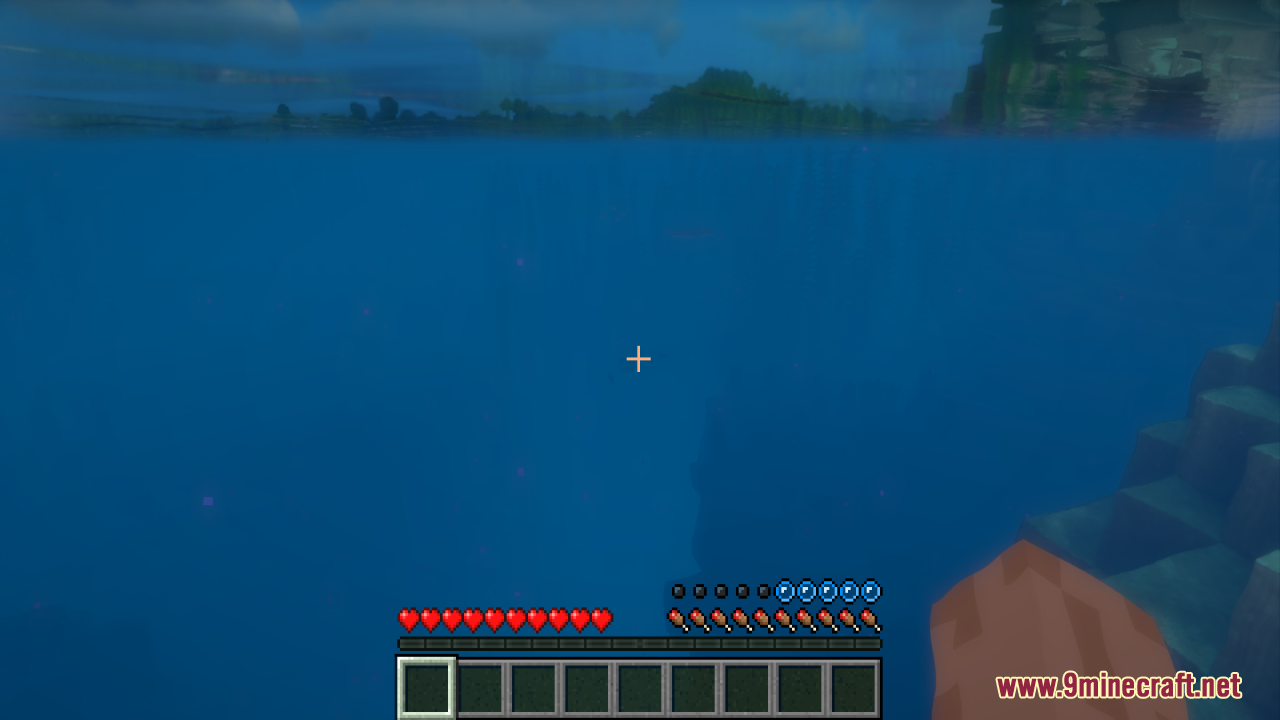 Underwater Minecraft view showing full health with custom red heart icons