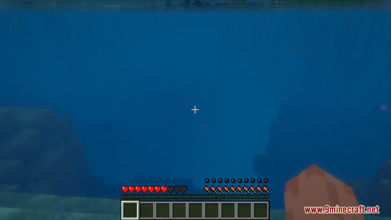 Minecraft player swimming underwater with a depleted health bar showing empty hearts