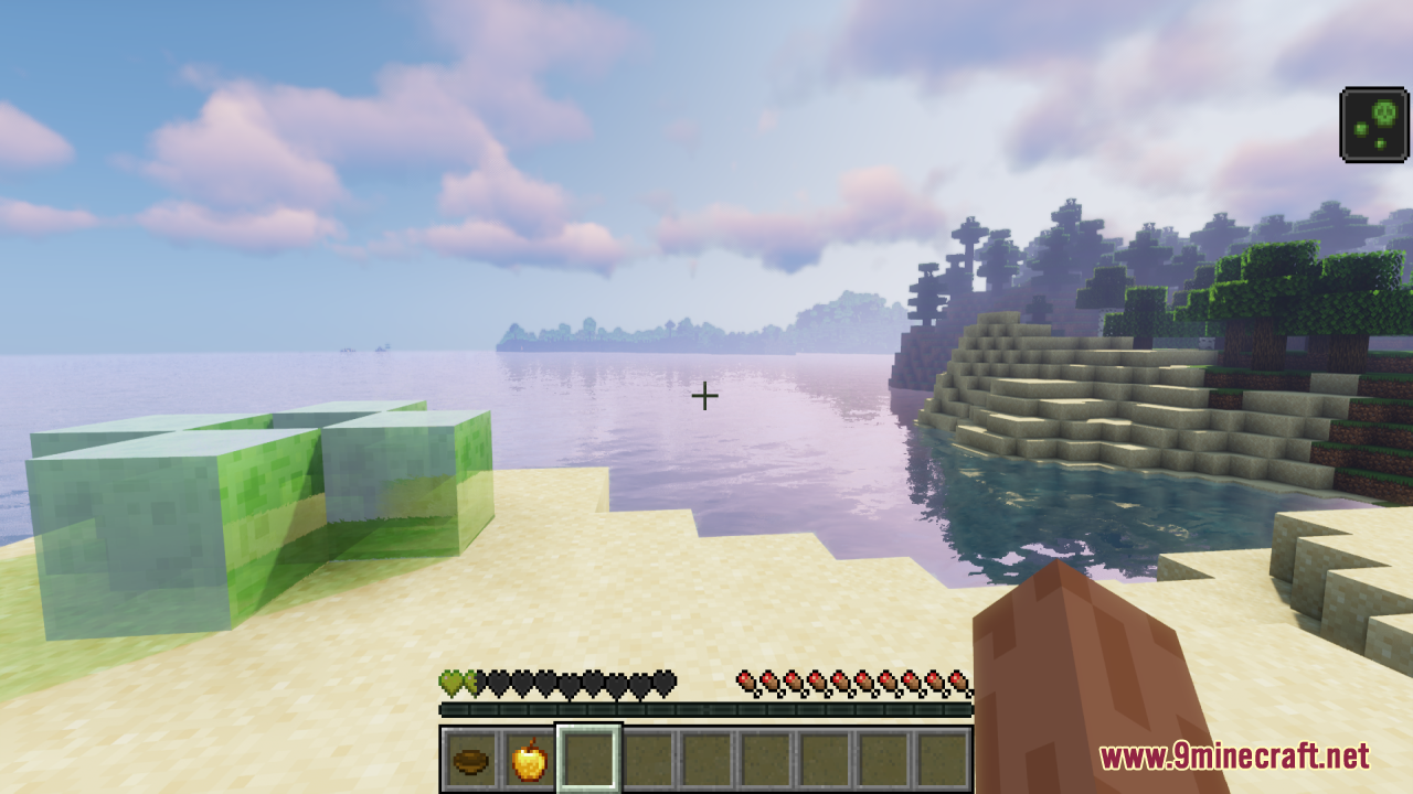 Player standing near slime blocks with green hearts from Devs Heart Resource Pack