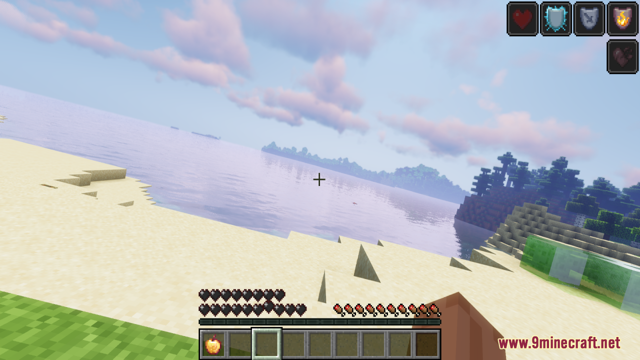 A player standing on a beach with custom black heart icons displayed
