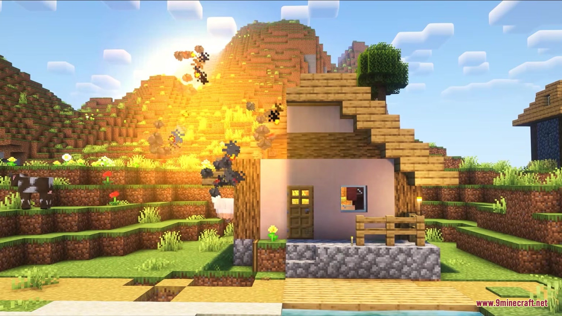 Didigetrobbed Mod Screenshot 1 A wooden house in Minecraft is being destroyed by a large explosion