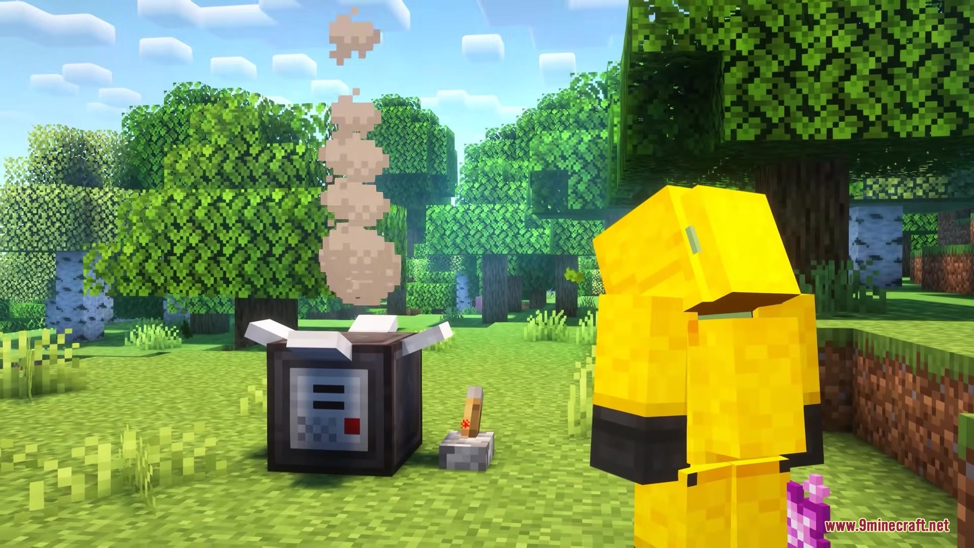 Didigetrobbed Mod Screenshot 2 A player in a yellow suit stands near a smoking machine block