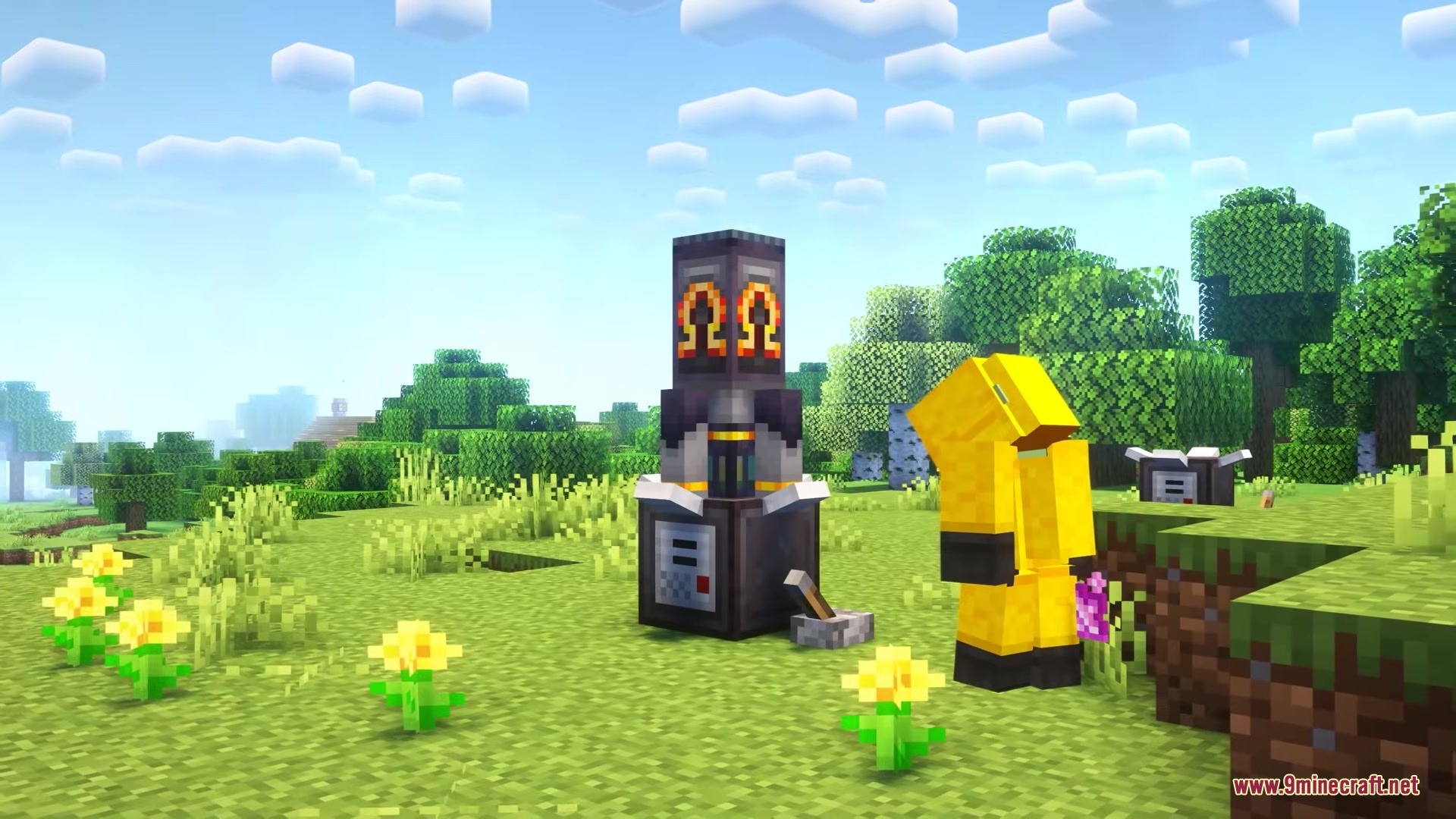 Didigetrobbed Mod Screenshot 4 A player wearing a yellow hazmat suit stands beside a tall technical machine