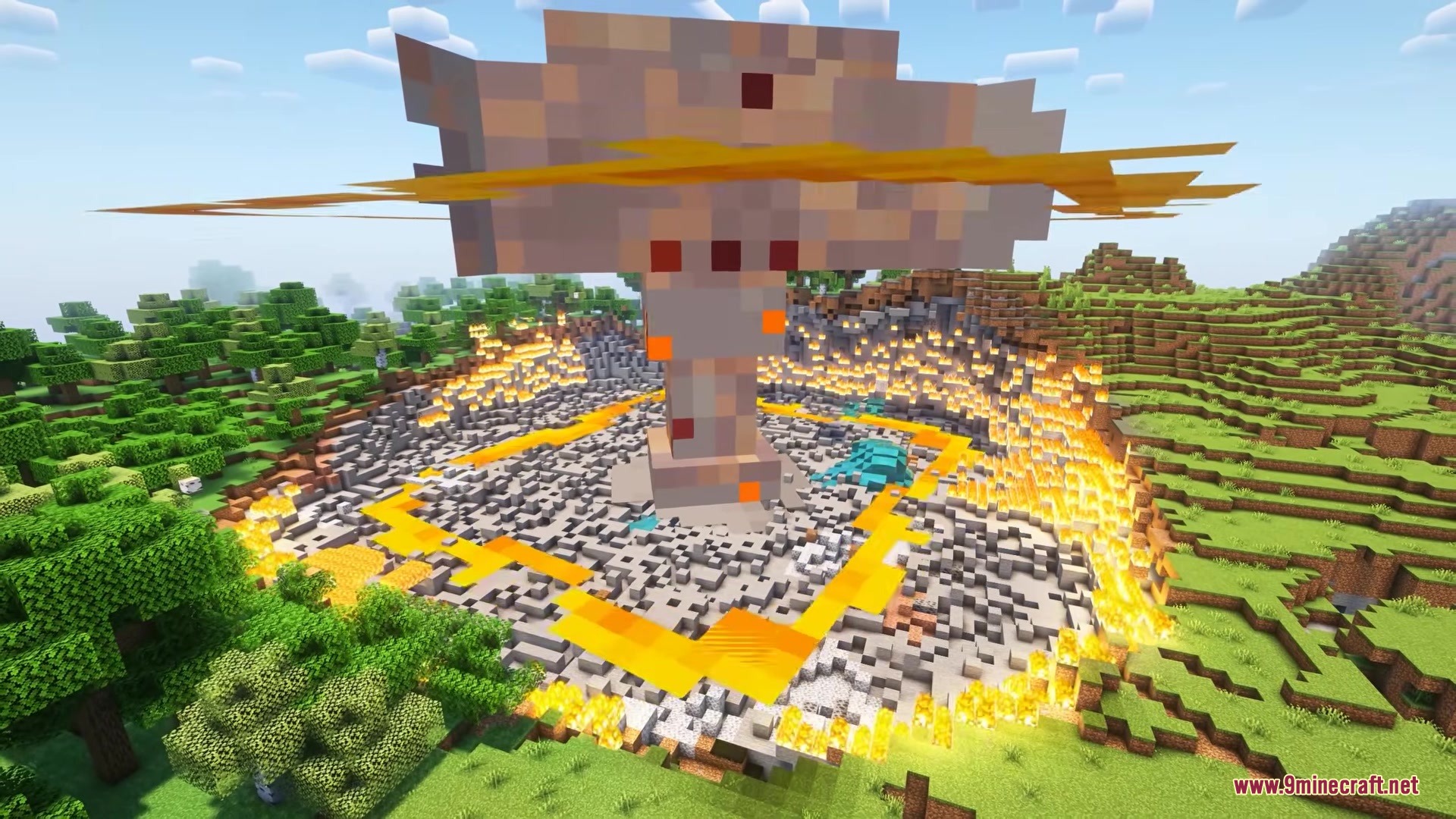 Didigetrobbed Mod Screenshot 6 A massive mushroom cloud rises from a fiery crater in a grassy biome