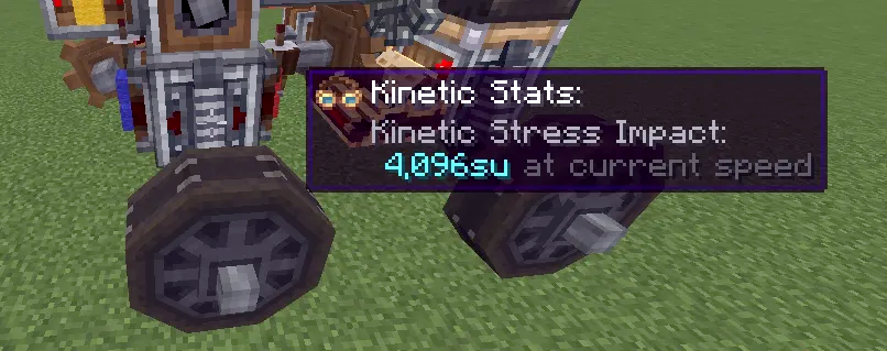 Minecraft diesel car base showing kinetic stats tooltip with stress impact information