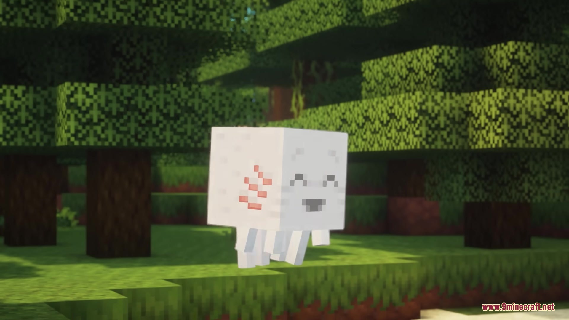Dimension Red's Alchemy Resource Pack Screenshot 1 A small white blocky creature with red markings standing in a forest