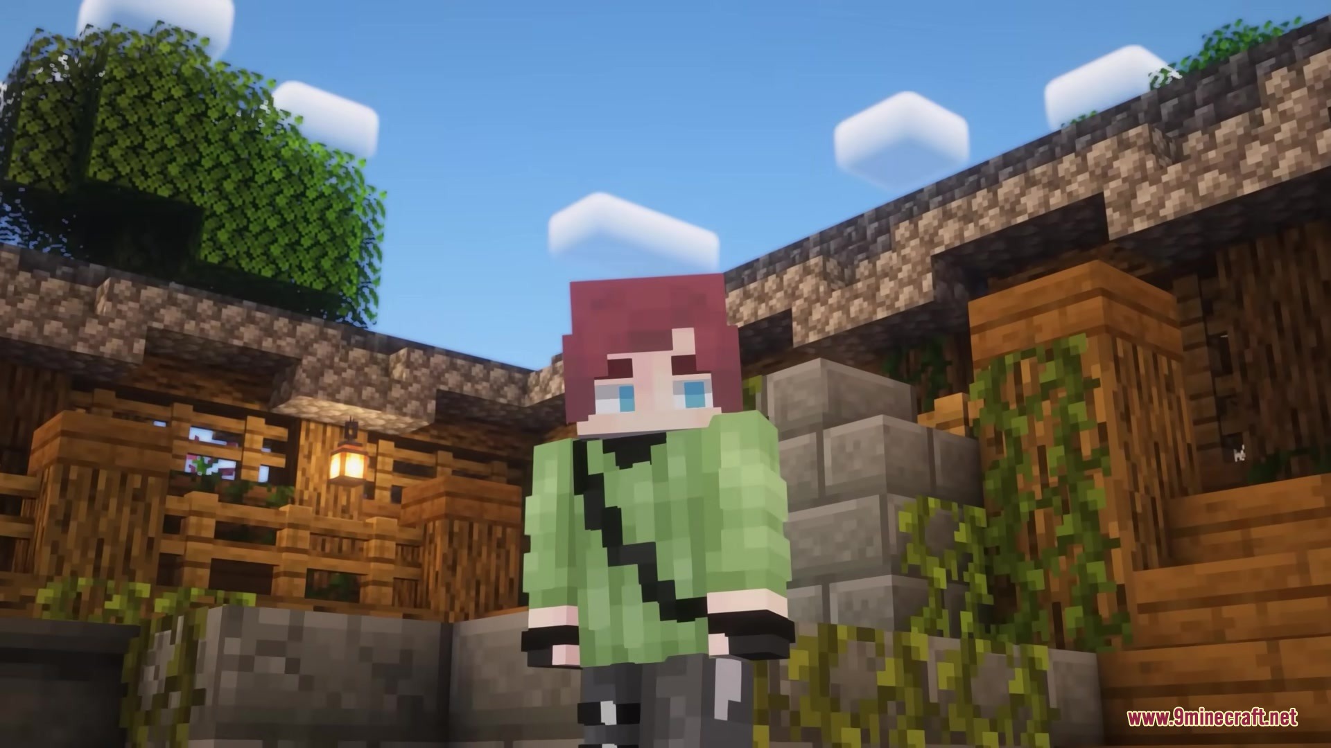 Dimension Red's Alchemy Resource Pack Screenshot 5 Minecraft character with red hair standing in front of a wooden house
