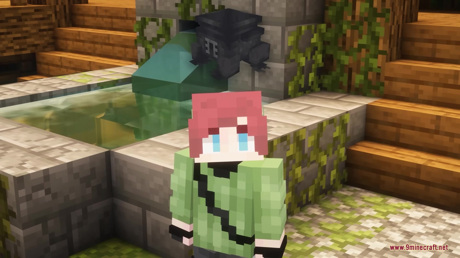 Dimensionreds Alchemy Resource Pack Screenshot 6 Minecraft character standing by a stone fountain with a custom black cauldron model