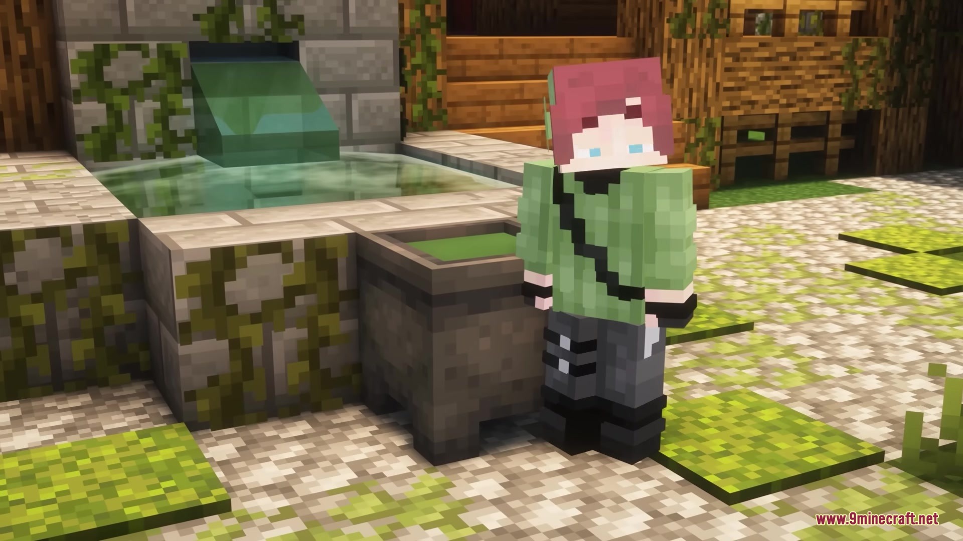 Dimensionreds Alchemy Resource Pack Screenshot 7 Minecraft character standing by a cauldron with green liquid near a stone fountain