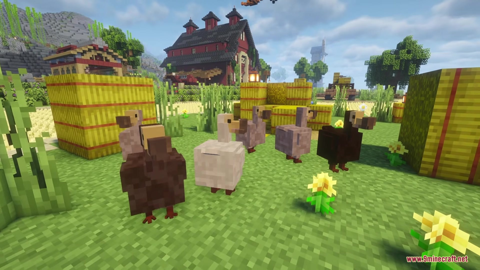 Dodo Rex Mod Screenshot 1 A group of colorful dodo birds standing on grass near hay bales