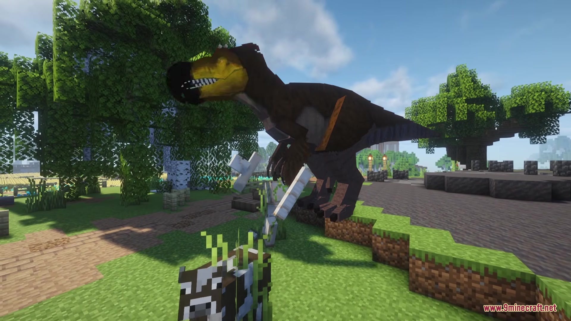 Dodo Rex Mod Screenshot 10 The giant monster attacks a skeleton near a cow in Minecraft