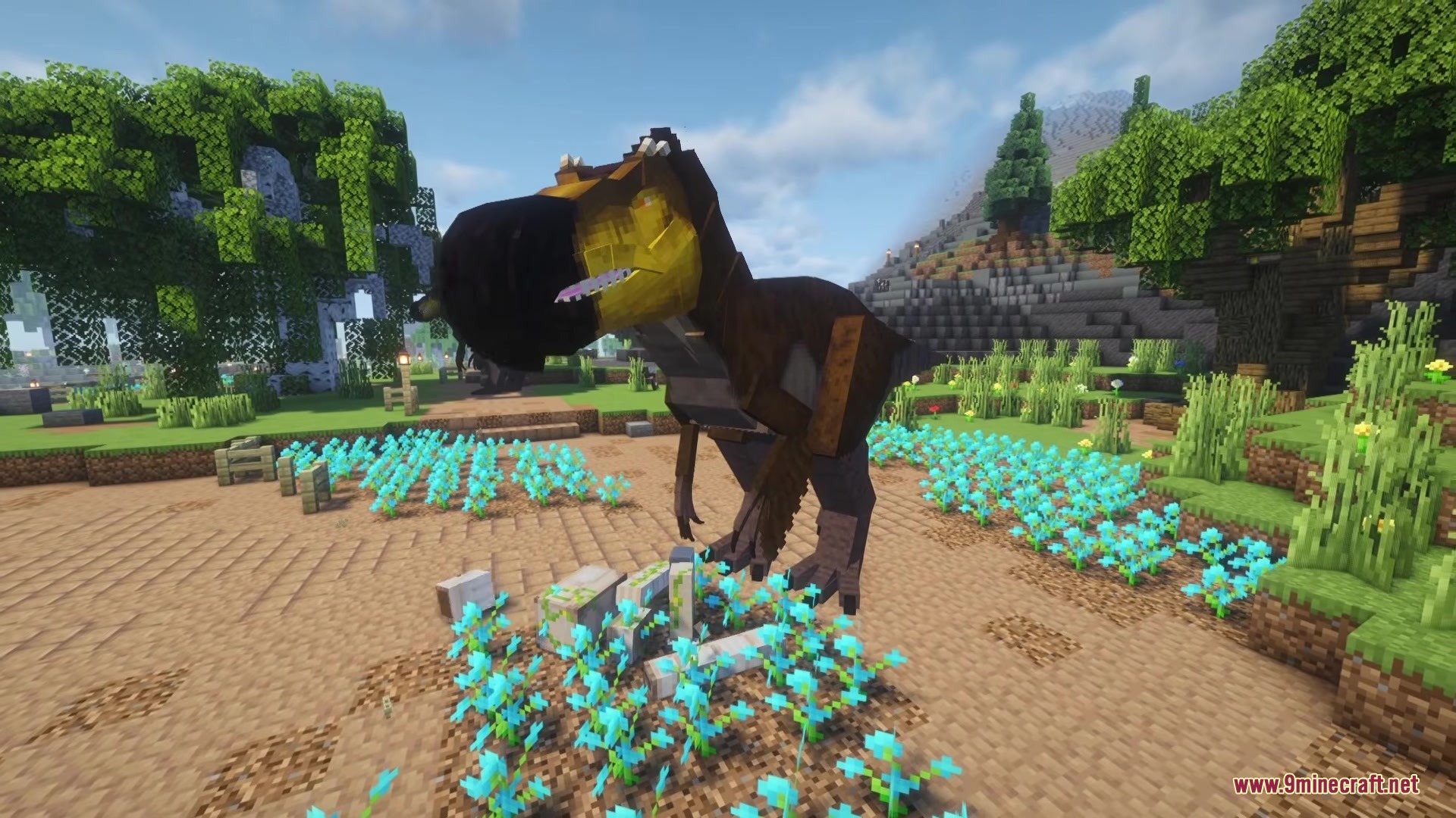 Dodo Rex Mod Screenshot 11 A giant Dodo Rex creature standing amidst a field of blue flowers