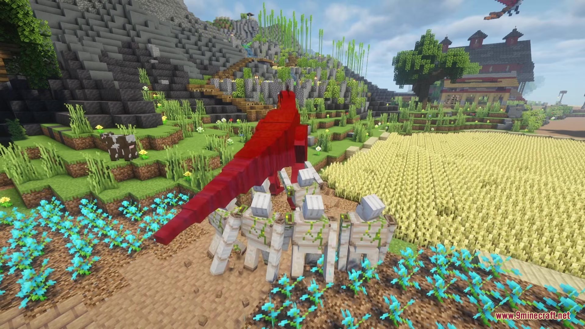 Dodo Rex Mod Screenshot 13 A giant red Dodo Rex standing on top of several Iron Golems