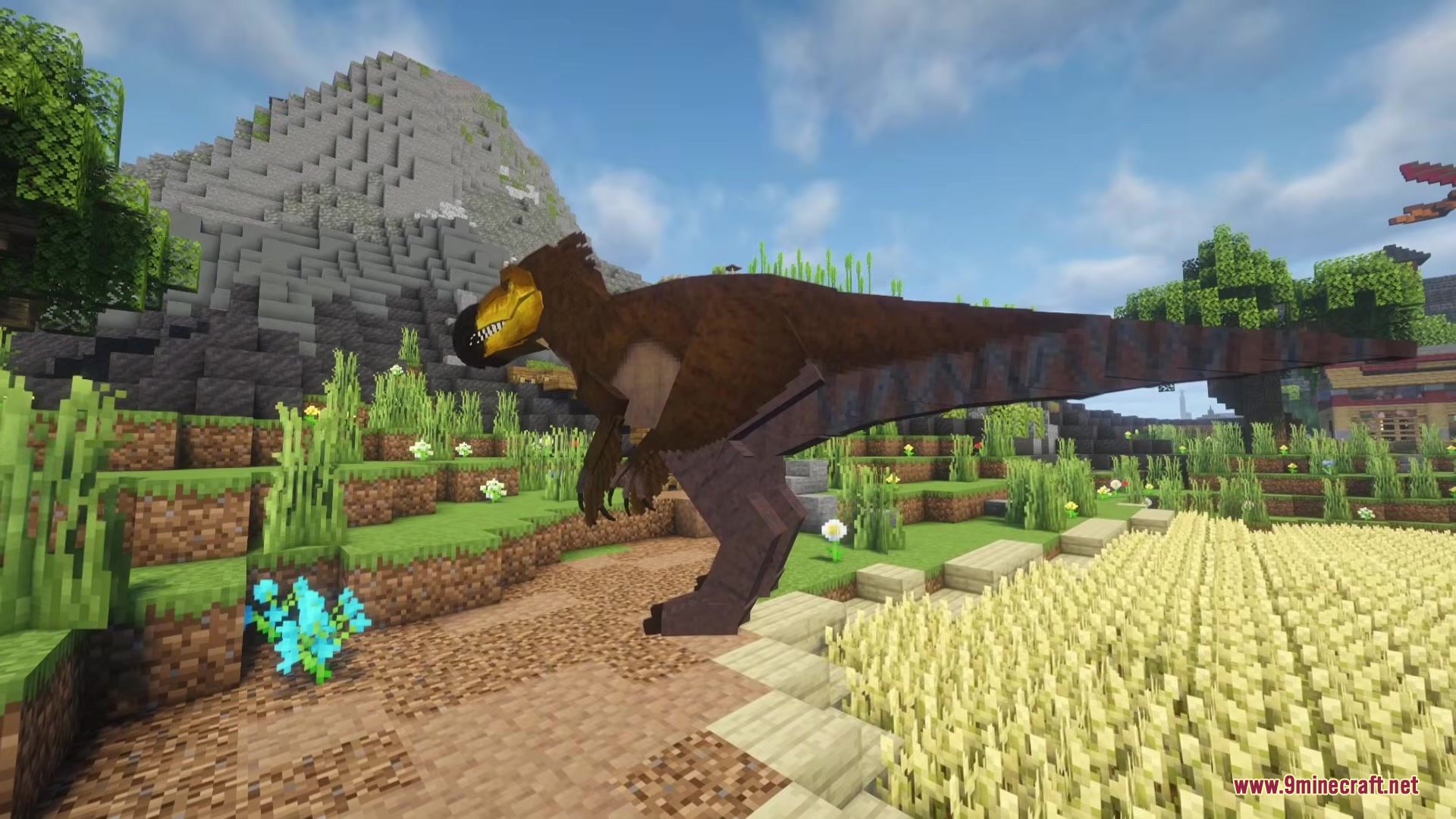 Dodo Rex Mod Screenshot 2 The giant Dodo Rex predator walks through a valley near a farm