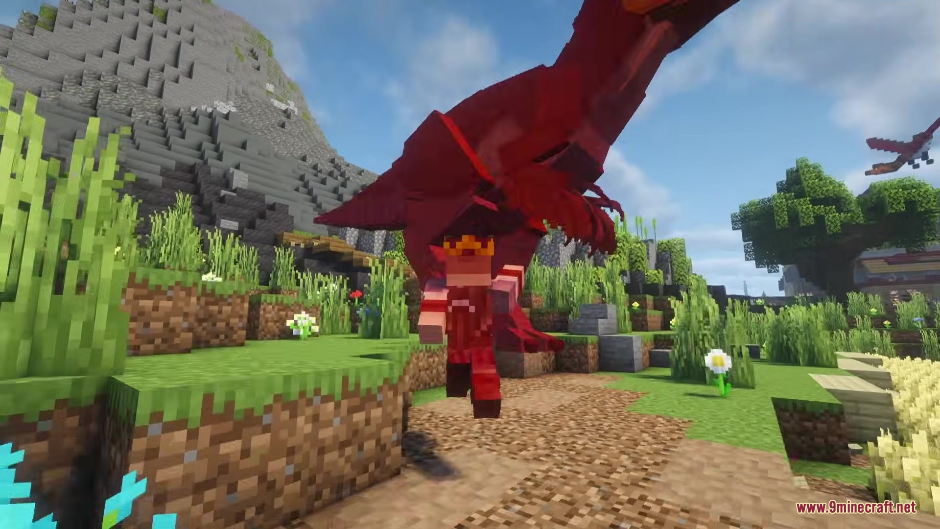 Dodo Rex Mod Screenshot 5 A player in red armor fleeing from a massive red Dodo Rex creature