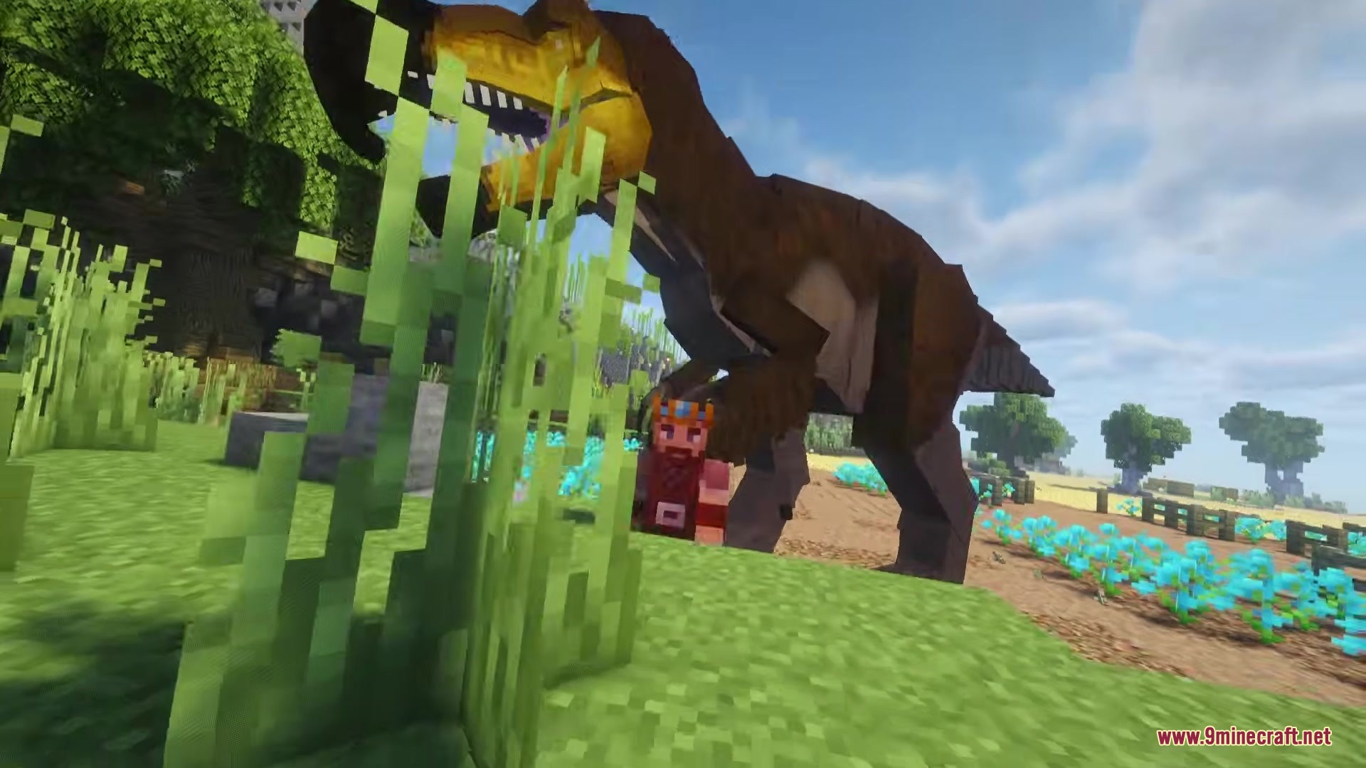 Dodo Rex Mod Screenshot 8 A giant Dodo Rex monster looms over a player in a grassy field