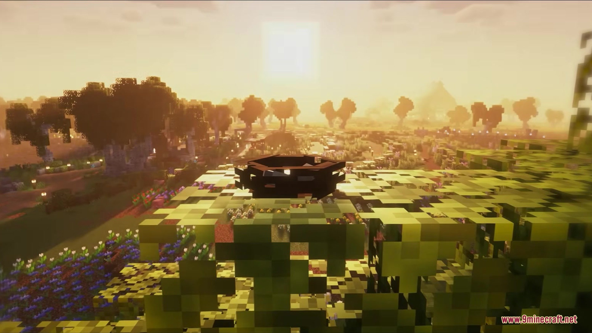 Dodo's Mobs Mod Screenshot 1 A bird nest sits on top of tree leaves during a sunset