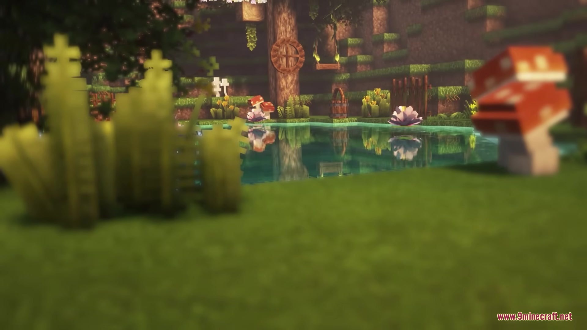 Dodo's Mobs Mod Screenshot 11 A serene pond area decorated with mushrooms and a wooden tree swing