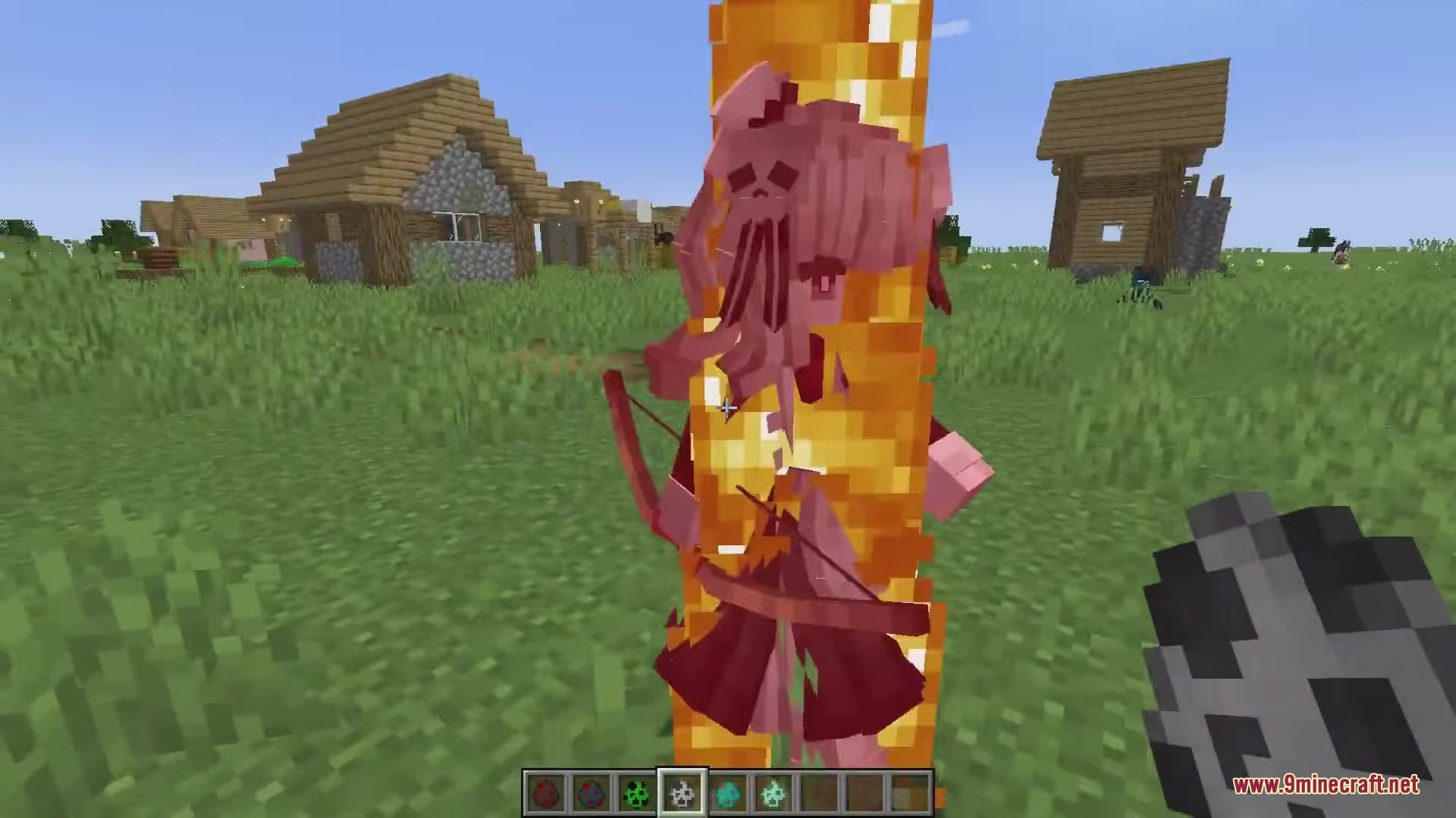 Dokimobs Mod Screenshot 10 A skeleton girl burning in the sunlight while standing in a village
