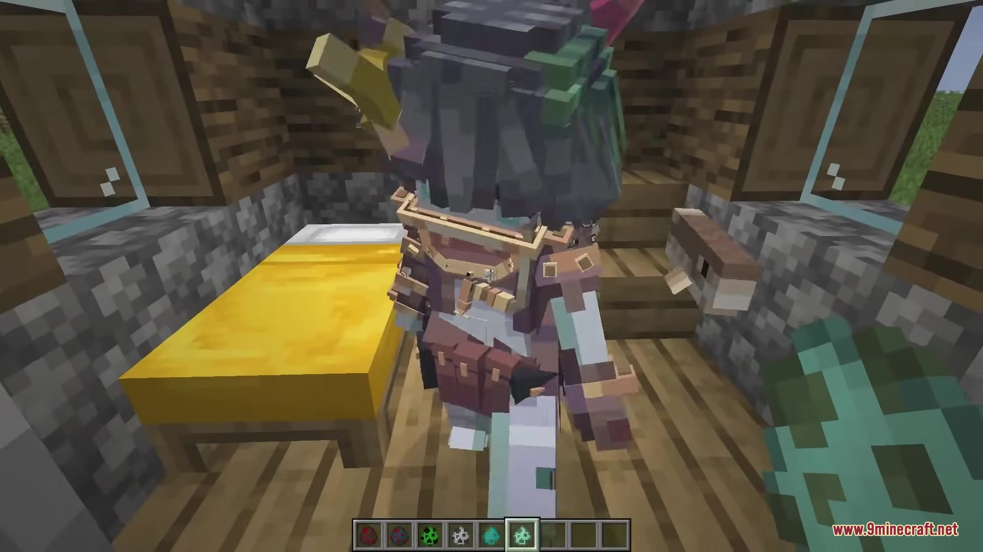 Dokimobs Mod Screenshot 12 A custom mob with green hair and armor standing near a bed